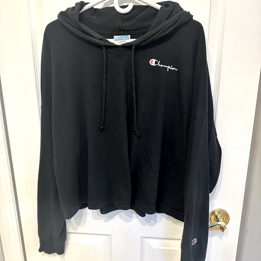 Black Champion Long Crop Plus Size Sweater with Hood